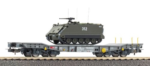 Go to product Piko 96280 H0 - Slmmnps Heavy-Duty Flat Wagon with M113, SBB-CFF, era V