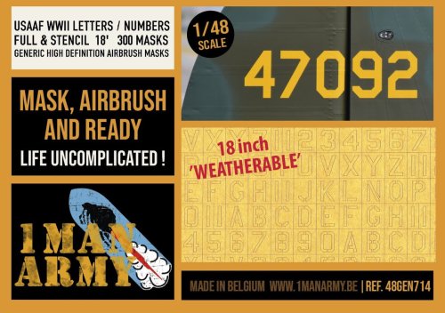 Go to product 1 Man Army 48GEN714 - 1:48 USAAF WWII Letters / Numbers Full & Stencil 18" 300 pcs