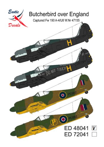 Go to product Exotic Decals 48041 - 1:48 Butcherbird over England - Captured Fw 190 A-4/U-8 Wr.Nr 47155