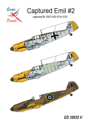 Go to product Exotic Decals 32032 - 1:32 Captured Emil #2 - Captured Bf 109 E-4/B W.Nr 4101