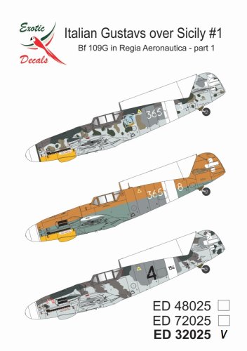 Go to product Exotic Decals 32025 - 1:32 Italian Gustavs over Sicily #1 - Bf 109G in Regia Aeronautica - Part 1