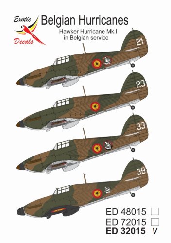 Go to product Exotic Decals 32015 - 1:32 Belgian Hurricanes - Hawker Hurricane Mk.I in Belgian Service