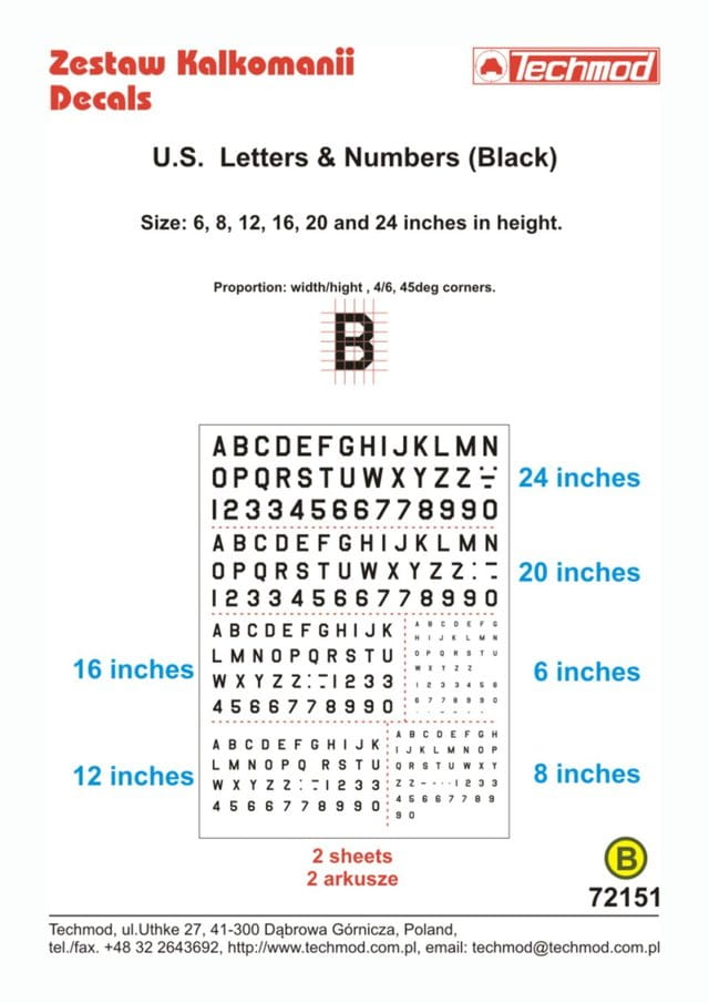 Go to product TECHMOD 72151 - 1:72 U.S. Letters & Numbers (Black)