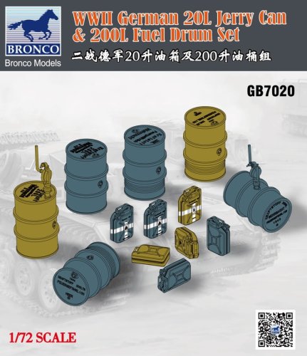 Go to product BRONCO GB 7020 - 1:72 WWII German 20L Jerry Can & 200L Fuel Drum Set