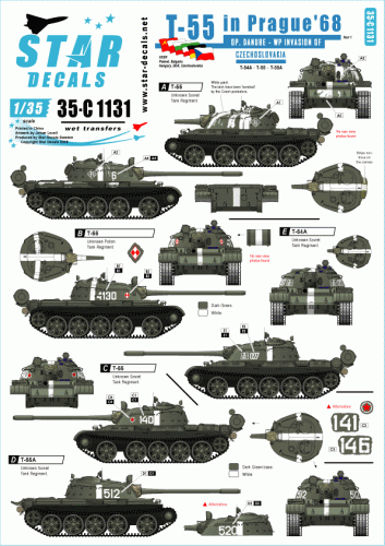 Go to product STAR DECALS 35-C1131 - 1:35 T-55 in Prague 1968. Op. Danube - invasion of Czechoslovakia. T-54A, T-55 and T-55A.