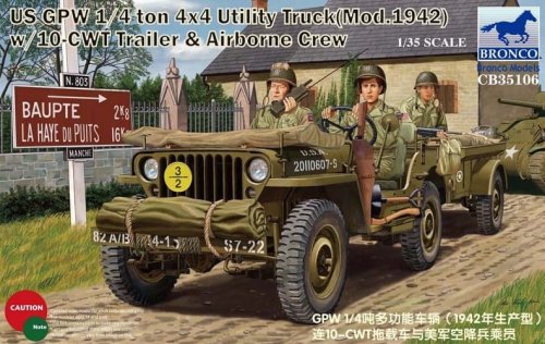 Go to product BRONCO CB 35106 - 1:35 US GPW 1/4 ton 4x4 Utility Truck Mod.1942 w/10-CWT Trailer & Airborne Crew