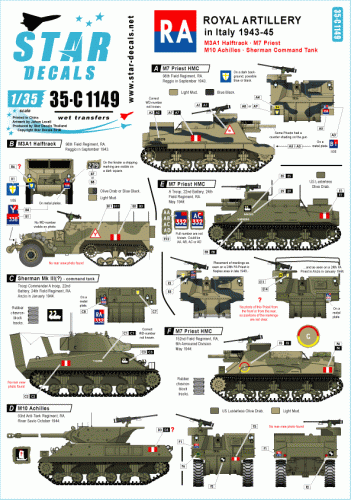 Go to product STAR DECALS 35-C1149 - 1:35  Royal Artillery in Italy. M7 Priest, M3 Halftrack, Sherman, M10 Achilles