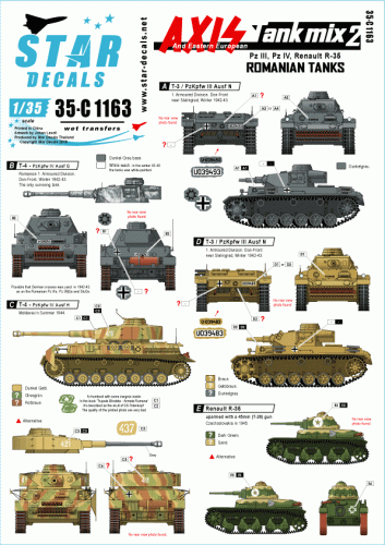 Go to product STAR DECALS 35-C1163 - Axis Tank mix # 2. Romanian tanks in WW2, Pz III Ausf N, Pz IV Ausf G / H / J, and R-35.