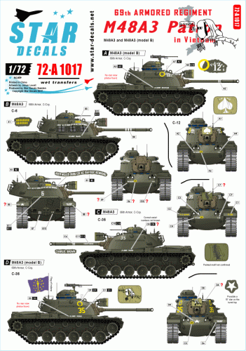 Go to product STAR DECALS 72-A1017 - 1:72 M48A3 Patton. 69th Armored Regiment in Vietnam.