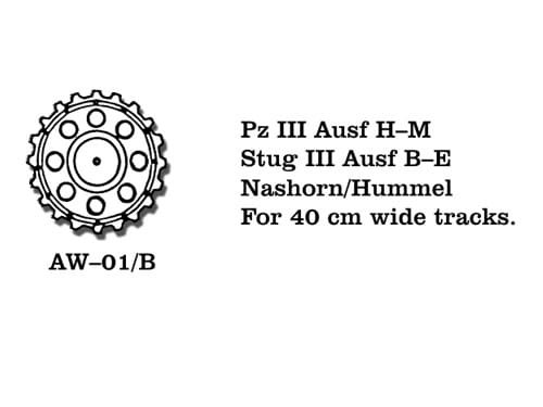 Go to product Friulmodel AW-01/B - 1:35 Pz III Ausf H-M, Stug III Ausf B-E, Nashorn/Hummel metal sprocket wheels for 40cm wide tracks