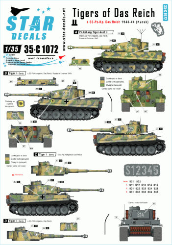 Go to product STAR DECALS 35-C1072 - 1:35 Tigers of Das Reich. s.SS-Pz-Kp. Das Reich 1943-44 (Kursk and beyond).
