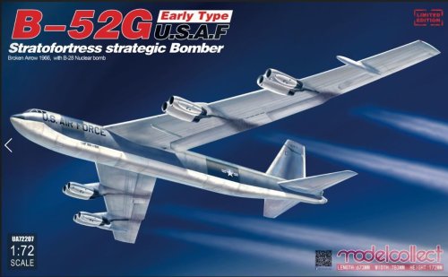 Go to product MODELCOLLECT UA72207 - 1:72 B-52G Early Type U.S.A.F Stratofortress Strategic Bomber Broken Arrow 1966, with B-28 Nuclear Bomb