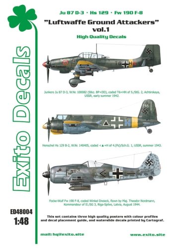 Go to product EXITO DECALS ED48004 - 1:48 Luftwaffe Ground Attackers vol.1 - Ju 87 D-3, Hs 129, Fw 190F-8