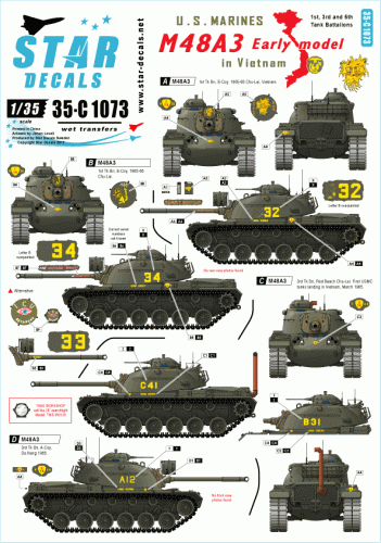 Go to product STAR DECALS 35-C1073 - 1:35 M48A3 Early model. US Marines in Vietnam. 1st, 3rd, 5th Tk Bn.