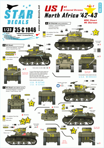 Go to product STAR DECALS 35-C1046 - 1:35 US in North Africa # 2. 1st Armored Division M4 Sherman, M3 Stuart.