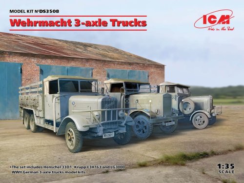 Go to product ICM DS3508 - 1:35 Wehrmacht 3-axle Trucks (Henschel 33D1, Krupp L3H163, LG3000)