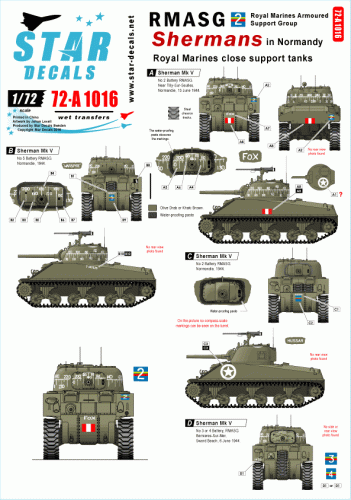 Go to product STAR DECALS 72-A1016 - 1:72 RMASG Shermans. Royal Marines Support tanks in Normandy.