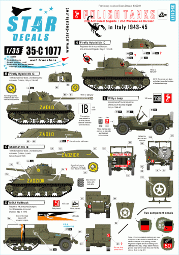 Go to product STAR DECALS 35-C1077 - 1:35 Polish Tanks in Italy 1943-45. Tanks, Halftrack, Jeep, Armoured Cars,