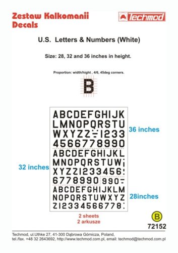 Go to product TECHMOD 72152 - 1:72 U.S. Letters & Numbers (White)