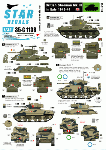 Go to product STAR DECALS 35-C1138 - 1:35 British Sherman III in Italy 1943-44. 46 RTR, Royal Scots Greys, 3rd or 4th CLY.