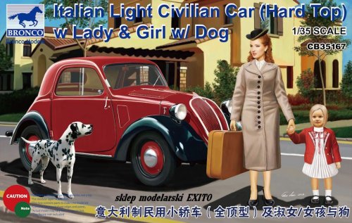 Go to product BRONCO CB 35167 - 1:35 Italian Light Civilian Car Fiat 500 (hard top) w Lady & Girl w/ dog